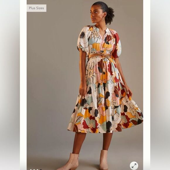 Anthropologie Conditions Apply Colorful Floral Midi Dress Puff Sleeves size 10 - Picture 1 of 14